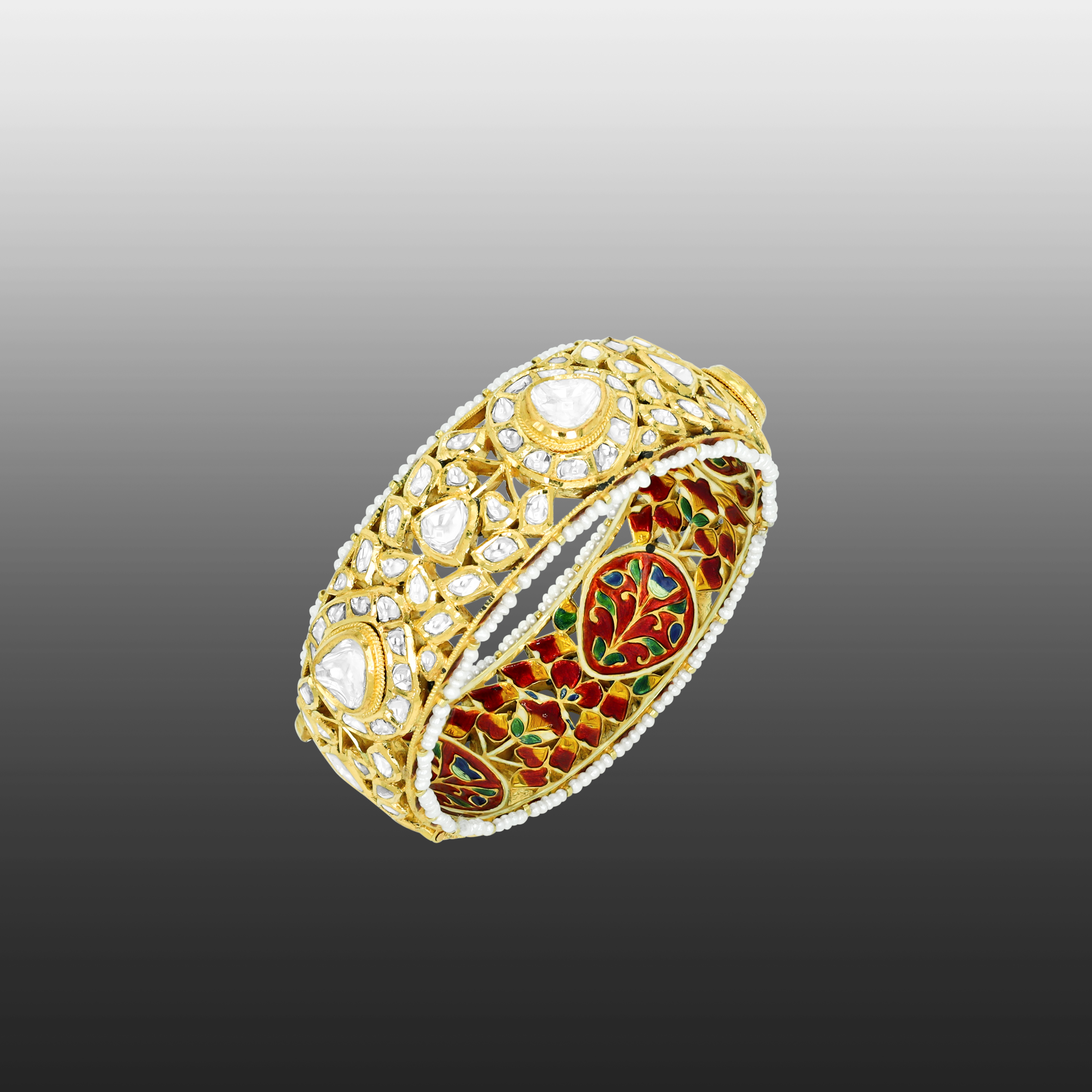 Lattice Polki Bangle with Red-Green Enamel and Pearls